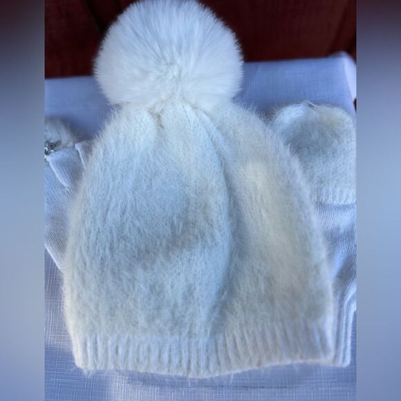 Girls’ hat and glove set, white, fuzzy faux fur, silver sequin snowflake, OS - Picture 6 of 8